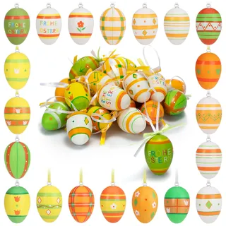 com-four® 24x handbemalte Ostereier zum Aufhängen 6 cm - Osterdeko mit tollen Mustern - Deko Ostereier aus Kunststoff - [Auswahl variiert] (Mix orange/grün - 01)