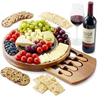 RAXCO Akazienholz Käsebrett Geschenkset mit Schieferplatte, 32 cm rundes Charcuterie-Brett mit versteckter Schublade und 4 speziellen Käsemessern