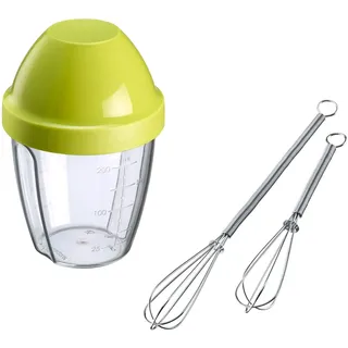 Westmark 2 Mini-Schneebesen + 1 Schüttelbecher (0,25 l), Rostfreier Edelstahl/Hochwertiger Kunststoff, Silber/Klar/Grün, 124722E6
