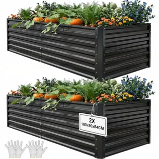 YITAHOME 2er-Set Hochbeet Metall 180x90x60cm, Hochbeete-Kit aus Verdicktem Zink-Aluminium-Magnesium-Edelstahl-Metall Hochbeete für Garten mit Stützstange & Handschuhe für Gemüse, Blumen (Schwarz)