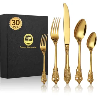 BEWOS 30 Stück Gold Palast Besteck Set, Hochwertig Edelstahl Besteck, Geprägte Design-Griffe, Bankett Essbesteck, Atemberaubend Poliert & als Geschenk Verpackt, Spülmaschinenfest
