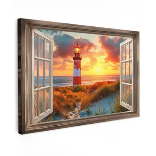 MuchoWow Leinwandbild Aussicht - Fenster - Leuchtturm - Sonnenuntergang - Strand XXL 150x100 cm , Textil , Rechteckig , 150x100 cm , FSC 100% , gerahmt , Bilder & Rahmen, Bilder, Leinwandbilder