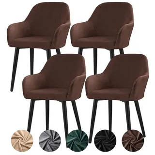 Alishomtll Stretch Samt Stuhlhussen 4er Set Universal Sesselbezug Stuhlbezug mit Armlehnen Abnehmbare Waschbar Esszimmerstühle Bezug für Küche Esszimmer Bankett Hochzeit Party (Braun, 4 Stück, Large)