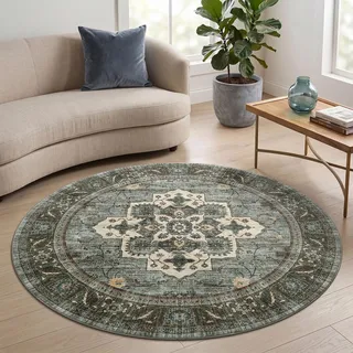 Homaxy Vintage Teppich Wohnzimmer Waschbarer 120 cm Rund, Retro Grün | Kurzflor Rutschfest Klein Teppiche Boho Weich Carpet für Schlafzimmer, Kinderzimmer, Küche