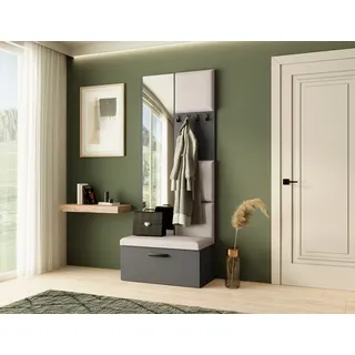Garderobe MARGARET III, Farbe: Graphit + Hellbeige, mit gepolsterten Paneelen, Spiegel und Kleiderhaken - Grau, Beige