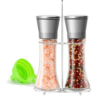 M JINGMEI Salz- und Pfeffermühle 2er-Set, Nachfüllbare Gewürzmühle, Manuelle Pfeffermühle, Einstellbarer Schärfegrad Edelstahl-Pfefferstreuer, Glaskörper mit Halterung