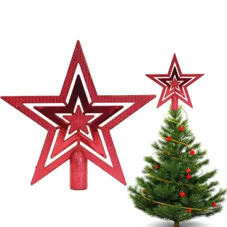 Christbaumspitze Stern Verzierung, Weihnachtsbaumspitze Glitzer-Stern,Christbaumspitze für Jede Baumspitze - Weihnachtsstern bruchsicher (Elegant - Rot)