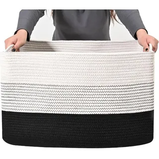 Wäschekorb geflochten aus Baumwolle (55x43x30,5cm) - Handgefertigter Wäschesammler mit Griff - Weiß & Braun - Formstabiler Aufbewahrungskorb für Wäsche, Spielzeug & Mehr (Schwarze)