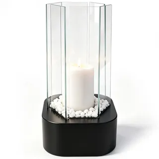 Tischfeuer Indoor & Outdoor Terrasse Garten Deko Kleine Windlicht Säule Schwarz Kerzenständer mit 6 Windschutz Glas Kerzenleuchter für Draußen 16 x 36.5CM, Ideal für Tisch, Balkon, Wohnzimmer