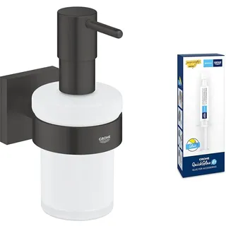 GROHE Start Cube - Seifenspender mit Halter- Set (Material: Glas/Metall, inkl. QuickGlue A1: Klebeset für einen Klebepunkt, verdeckte Befestigung), matt schwarz, 410982430