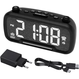 Radiowecker mit Bluetooth-Lautsprecher, Digitaler Wecker mit Typ-C Ladeanschluss, Nachtlicht, Snooze, Dimmer, USB-Ladegerät, Batterie-Backup, Uhrenradios Netzbetrieben Nachttisch Wecker aus Stoff
