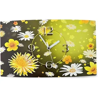 gelb weiße Blumen Designer Wanduhr modernes Wanduhren Design leise kein ticken dixtime 3D-0106 - Gelb