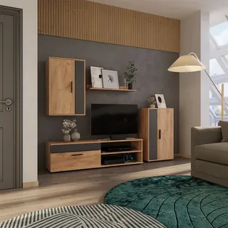 Vicco Wohnwand Berno, Eiche Anthrazit Schrankwand 4er-Set Wohnzimmer