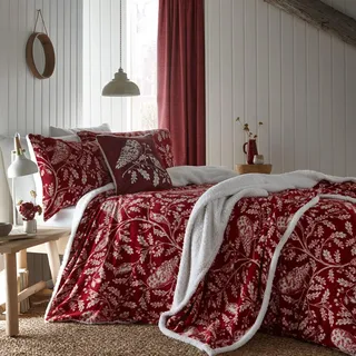 Dreams & Drapes Teddy-Fleece-Bettbezug mit roter Eule, Doppelgröße (200 x 200 cm), weich und gemütlich, Wald-Bettwäsche, Burgunderrot mit Waldtieren