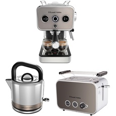 Russell Hobbs Frühstücksserie: Espressomaschine (Siebträgermaschine 15 Bar) + Wasserkocher (1,5l,Schnellkochfunktion) + Toaster (für 2 Scheiben,extra breite Toastschlitze) [Serie Distinction titanium]