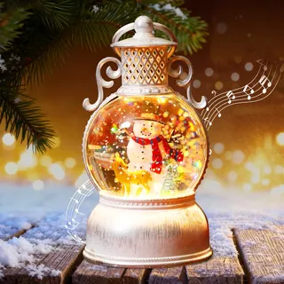 Weihnachtsdeko Laterne, LED Kugellaterne, Weihnachts Schneekugel Laterne mit Musik, Aufhängbar Weihnachtslaterne mit Schneegestöber, Vintage Laterne Weihnachten für Kamins Tischdeko