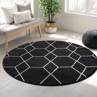 Teppich SANAT "Trellis", schwarz, H:10mm Ø:150cm, Kunstfaser, Teppiche, Teppich, Kurzflor, skandi, boho, auch als Läufer und in rund