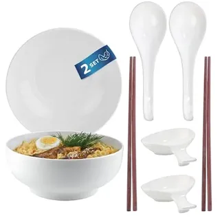 Urban Lifestyle Ramen Schüssel Set 2 Personen aus New Bone China Ø 17,5 cm 1200 ml Weiß mit Löffeln, Essstäbchen und Dipschalen Schüssel Set für Ramen Suppenschüssel Müslischale Salatschüssel