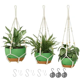 Bamworld 3er-Set Makramee Blumenampeln mit Selbstbewässerung, Hängende Blumentöpfe mit Kette, Ablauflöchern & Untersetzer für Zimmerpflanzen, Grün (28/23/20 cm)