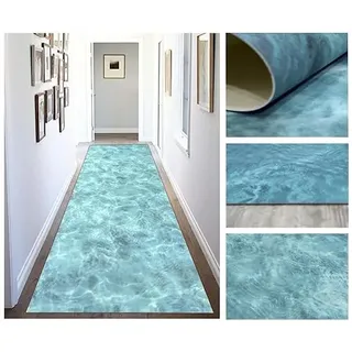 Tadi & Imperio1979 Vinyl-Teppich mit digitalem Design am Meer für Wohnzimmer, Küche, Wohnzimmer, Eingangsbereich, Bad oder Schlafzimmer, mit PVC-Rückseite, rutschfest und leicht gewaschen, türkisblau