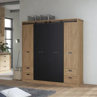 Forte KASZIMIRO Kleiderschrank 205, Schrank im Industrial Stil mit 2 Schiebetüren, 2 Drehtüren, 4 Schubladen, Holzwerkstoff, Waterford Eiche/Schwarz, 203,2 cm breit, 208,4 cm hoch, 61 cm tief