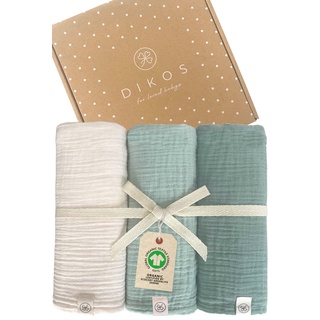 Baby Mulltücher 3er SET mint, creme gekreppt 64x64cm | 100% GOTS BIO-Baumwolle | Musselin Mulltuch Spucktuch Junge Mädchen | Moltontuch Mullwindeln | Neugeborenen Erstausstattung Geschenk zur Geburt