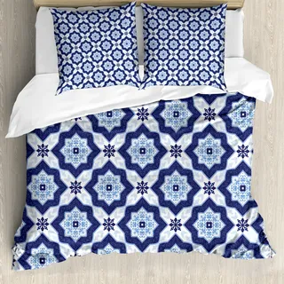 ABAKUHAUS Blau Bettbezug, Portugiesisch Azulejo Pattern, Milbensicher Allergiker geeignet mit Kissenbezügen, 200 cm x 200 cm - 80 x 80 cm, Blassblau Dunkelblau - Blau