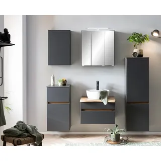 Badmöbel Komplett Set in graphit mit Baumkante VIDAGO-03 mit Spiegelschrank inkl. LED Aufbauleuchte, B/H/T: ca. 171/200/52 cm - Grau
