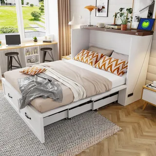 Klappbett 140 x 200 cm mit Ausziehfunktion, Stauraum, EU-Steckdose, geräuscharmen Rollen, Metallrahmen, platzsparend, Gästebett, Weiß - Weiß