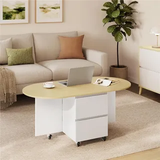Yaheetech Ausziehbarer Couchtisch, klappbarer Beistelltisch, ovaler Sofatisch mit Rollen, Schubladen & Stauraum, Weiß & Eiche - Weiß, Braun
