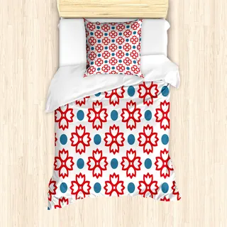 ABAKUHAUS Blumen Mantele, Abstrakt Europäische Natur, Milbensicher Allergiker geeignet mit Kissenbezügen, 135 cm x 200 cm - 80 x 80 cm, Schiefer-Blau, Rot, Weiß - Weiß