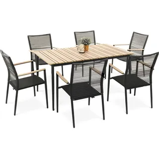 di volio Gartenmöbel BRENO, robustes Gartenmöbel-Set für 6 Personen - Esstisch & 6 Stühle, Kunstholz & Aluminium, bequeme Stühle mit Armlehnen - Schwarz, Beige