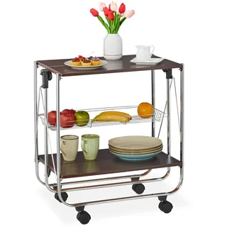 Relaxdays Servierwagen, klappbar, 4 Rollen, 2 Böden, mit Gitterkorb, HxBxT: 70 x 68 x 40 cm, Küchenwagen, braun/Silber