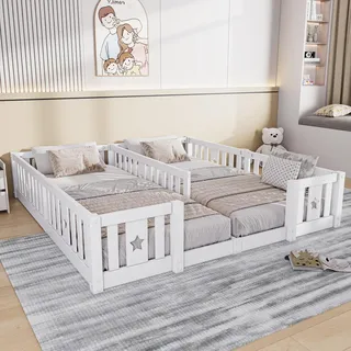 Doppel-Kinderbett mit Gitter, Massivholz, Sternenmuster, Weiß, 2x90x200cm - Weiß