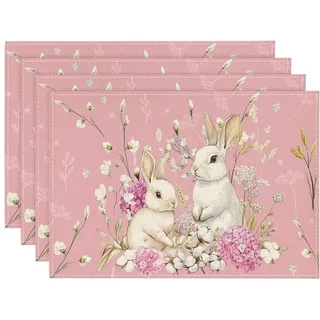 Artoid Mode Rosa Hortensie Hasen Blumen Blätter Ostern 4er Set Platzsets, 30x45cm Frühling Bankett Tischsets Platzdeckchen Küche Party Deko