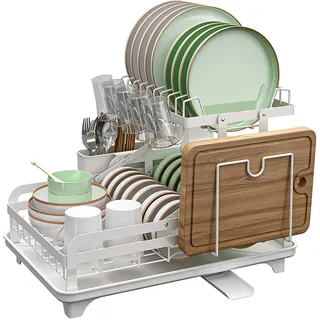 YunNasi Abtropfgestell Geschirr Faltbarer Dish Drainer mit Abtropfbrett 2 Ebenen Abtropfständer mit Utensilienhalter, Schneidebretthalter Metal Dish Organizer für Küchentheke (Weiß)