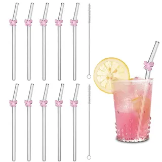 12 Glasstrohhalme, wiederverwendbare Strohhalme, glasstrohhalme mit motiv (rosa), geeignet für Cocktails, Eistee, Kaffee, Milchshakes und Fruchtsäfte, 20 cm lang, inklusive zwei Reinigungsbürsten.