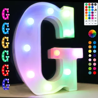 LED Buchstaben Lichter Alphabet, 18 Farblich Veränderbar Led Leuchtbuchstaben mit Fernbedienung Timer Nacht Lichter, Dekoration für Geburtstag Party Weihnachten Hochzeit Kinderzimmer - Buchstaben G