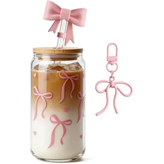 Mason Life Glasbecher mit Deckel und Strohhalmen, Rosa Schleife Eiskaffeebecher,Vielseitiger Trinkbecher, 530ml Niedlicher Glasbecher Geschenk für Frauen Mädchen Freundinnen