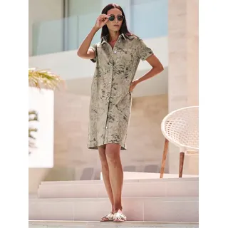 Druckkleid HEINE "Druck-Kleid", Damen, Gr. 40, Normalgrößen, beige (sesam, anthrazit, bedruckt), 63% Baumwolle, 35% Lyocell, 2% Elasthan, bedruckt, gemustert, mehrfarbig, kurz, V-Ausschnitt, Kleider Druckkleid