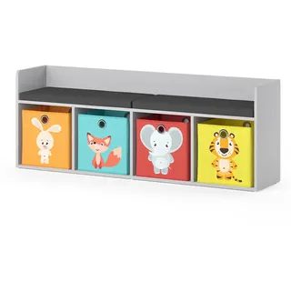 Vicco Kindersitzbank Luigi Weiß 142.4 x 53.4 cm 4 Fächer, mit Faltboxen bunt , Hellgrau , Holzwerkstoff , Rechteckig , 142.4x53.4x31.2 cm , Babymöbel & Kindermöbel, Kinderzimmer & Jugendzimmer, Kindersitzgruppe