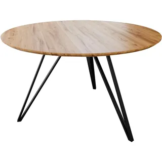 Runder Esszimmertisch massiv Eiche Schweizer Kante 100 cm Hairpin schwarz DREAM - Beige