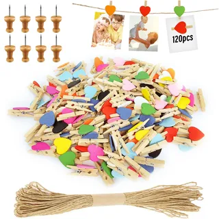 Hengxinc 120 Stück Mini Holzklammern Klein Herz Mini Wäscheklammern Hochzeit Kleine Holzklammern Für Polaroid Fotos mit 10M Jute String DIY für Fotowand Display Party (Farbe)