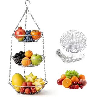 CKUESM Hängekorb Küche, Obstkorb Hängend 3 Etagen Hängender Obstkorb mit Haken 74cm Höhe Rostfrei Galvanisiert Ideal zur Aufbewahrung von Brot und Lebensmitteln Obst Gemüse