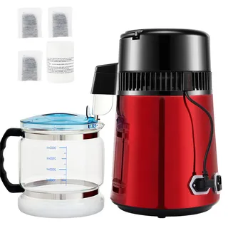 Vevor Wasser Destillierer 1L / H Haushalt Rotes Wasserdestilliergerät Destilliertes Wasser herstellen 750 W, Doppelter Bildschirm Edelstahl Distilleranlage mit Glaskanne Reinwasser destilieren