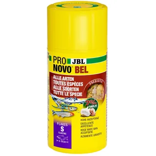 JBL PRONOVO BEL FLAKES S 100 ml | Prebiotische Hauptfutter Flocken für alle Aquarienfische im Gesellschaftsaquarium | Gesunde & artgerechte Ernährung | 2 % Knoblauchanteil | Für Fische von 3-10 cm