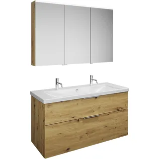 burgbad Eqio Set, bestehend aus Spiegelschrank rechts, Keramik-Waschtisch mit 2 Armaturbohrungen und Waschtischunterschrank, Breite 1230mm, SFAO123LF5662C0001G0146, Farbe: Eiche Dekor Urban / Eiche