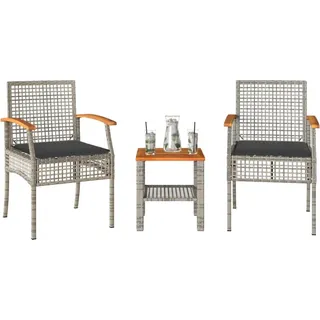 vidaXL 3-tlg. Bistro-Set mit Kissen Grau Poly Rattan Akazienholz - Grau
