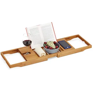Relaxdays XL Badewannenablage, mit Buchstütze & für Tablet, Luxus Badewannenbrett, Bambus, ausziehbar 70-105 cm, Natur, 1 Stück