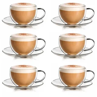 Creano Thermo-Tasse doppelwandige Tee-/Latte Macchiato Cappuccino Tasse mit Untersetzer 250ml, 6er Set